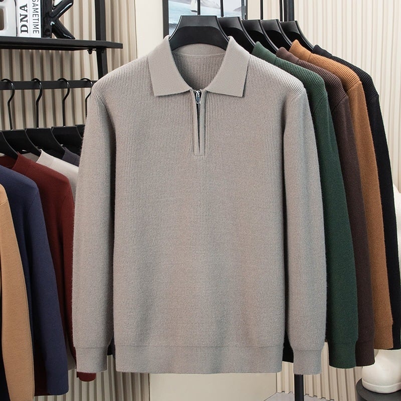Ανδρικός μακρυμάνικος πουλόβερ με γιακά πόλο, πλεκτό ύφασμα βάφλα-ζακάρντ, παχύ νήμα, μαλλί 30–35%, στενή γραμμή, βρετανικού στυλ