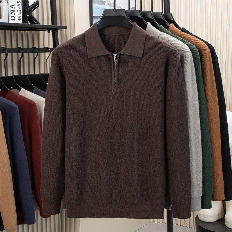 Ανδρικός μακρυμάνικος πουλόβερ με γιακά πόλο, πλεκτό ύφασμα βάφλα-ζακάρντ, παχύ νήμα, μαλλί 30–35%, στενή γραμμή, βρετανικού στυλ