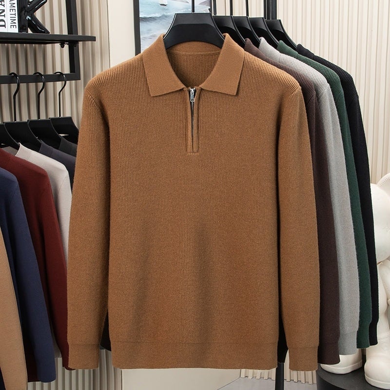 Ανδρικός μακρυμάνικος πουλόβερ με γιακά πόλο, πλεκτό ύφασμα βάφλα-ζακάρντ, παχύ νήμα, μαλλί 30–35%, στενή γραμμή, βρετανικού στυλ