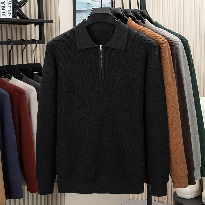 Ανδρικός μακρυμάνικος πουλόβερ με γιακά πόλο, πλεκτό ύφασμα βάφλα-ζακάρντ, παχύ νήμα, μαλλί 30–35%, στενή γραμμή, βρετανικού στυλ