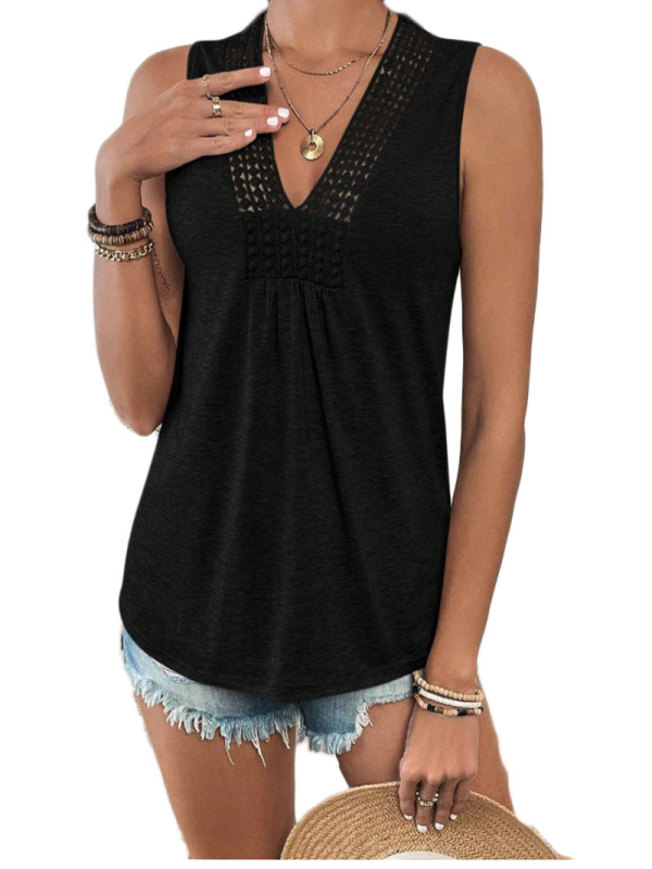 Γυναικεία Αμάνικη T-Shirt με Δαντελένιες Πρόσθεσεις, V-Λαιμός, Χαλαρή Γραμμή, Πολυεστέρας