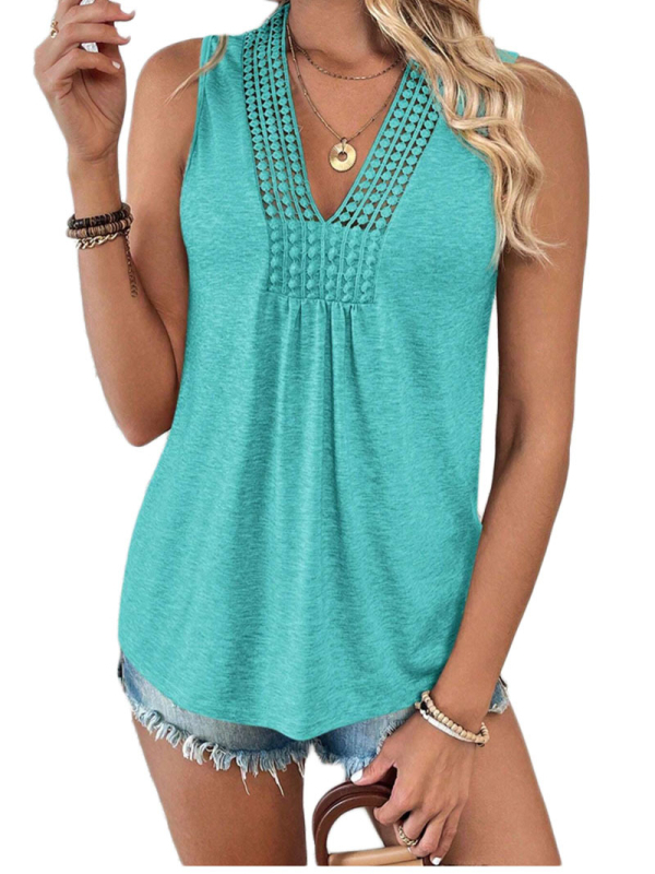 Γυναικεία Αμάνικη T-Shirt με Δαντελένιες Πρόσθεσεις, V-Λαιμός, Χαλαρή Γραμμή, Πολυεστέρας