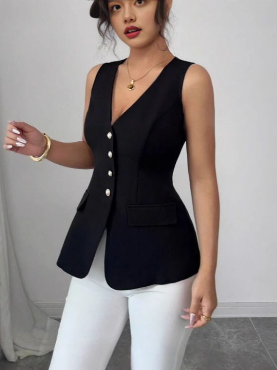 Moteriška be rankovių liemenė, Korejiečių stiliaus profesionaliems keliavimams, V kaklo iškirptė, poliesteris 95%+, priekinis užsegimas sagtimis