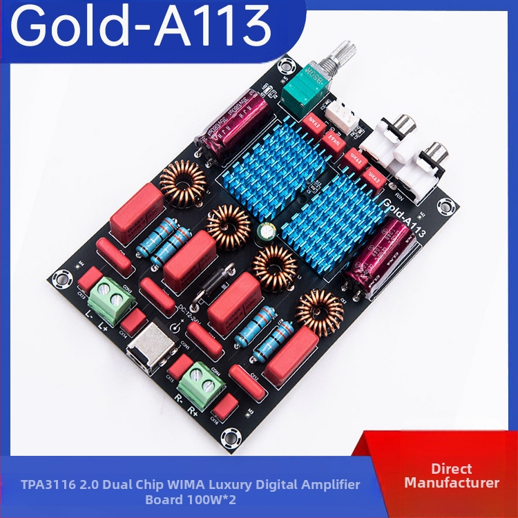 Gold-A113 TPA3116 2.0 dviejų lustų skaitmeninis galingumo stiprintuvas plokštė su WIMA kondensatoriais, 100W×2