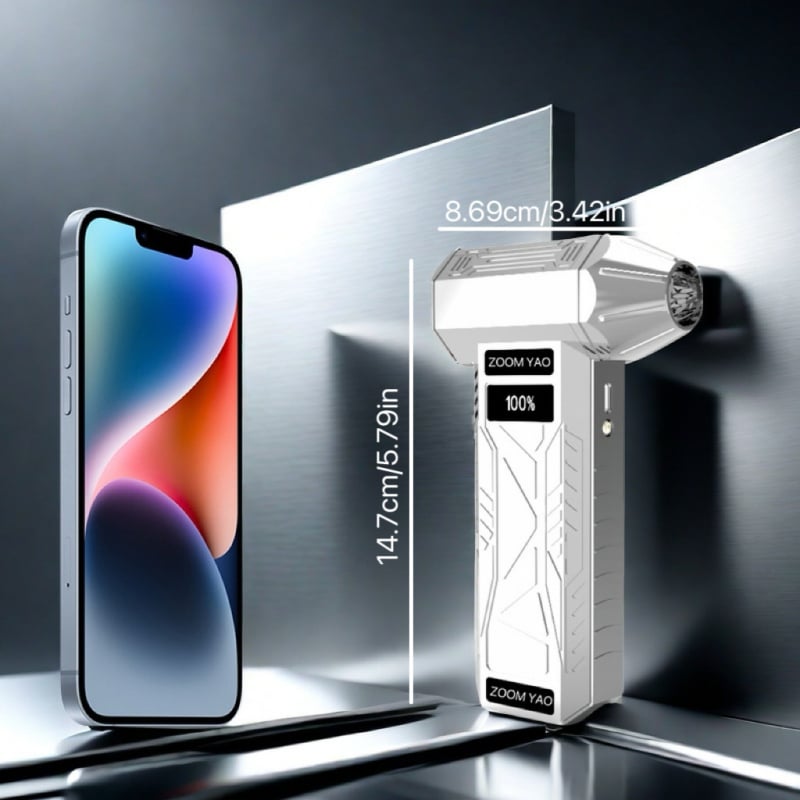 Rankinis be lapų ventiliatorius su USB įkrovimu – įmontuota baterija 2000-4000 mAh, be šepetėlių variklis, 4 greičiai, ABS korpusas