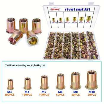 Σετ rivet nut, 1240 τεμάχια, γαλβανισμένη επίστρωση, χάλυβας άνθρακα, Κατηγορία A, GB/T 17880 πρότυπο