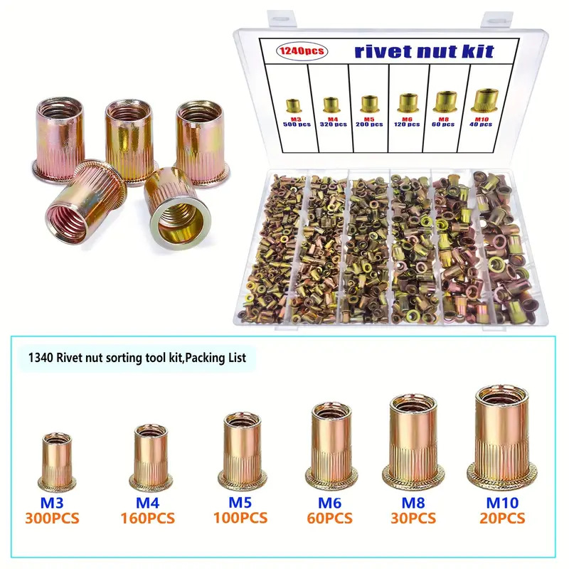 Σετ rivet nut, 1240 τεμάχια, γαλβανισμένη επίστρωση, χάλυβας άνθρακα, Κατηγορία A, GB/T 17880 πρότυπο