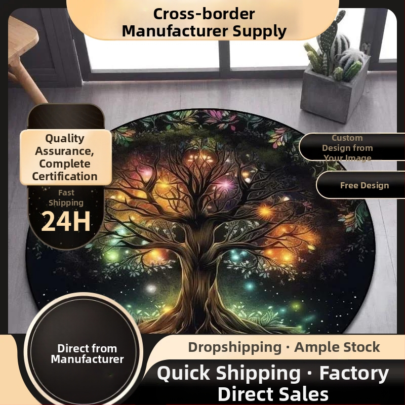 TNNIU Apvalus Kilimas Svetainei su Floking Spauda – Viking Valknut ir Yggdrasil Gyvybės medis