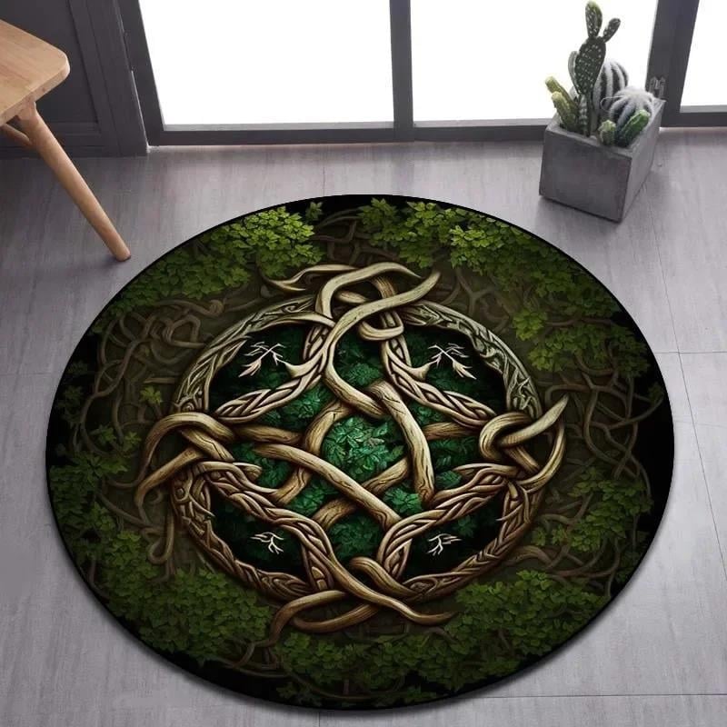 TNNIU Covor rotund pentru living, imprimare flocking cu Viking Valknut și Copacul Vieții Yggdrasil