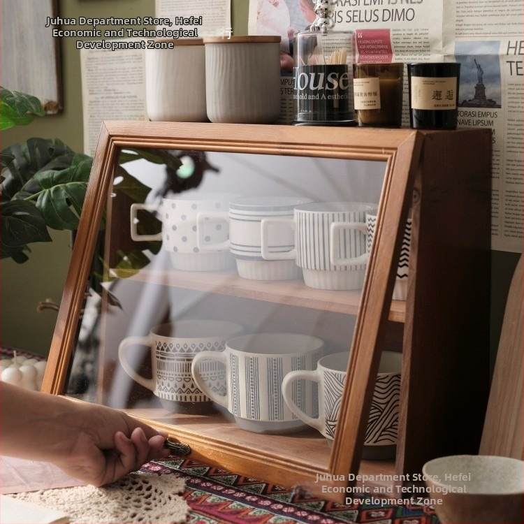 Stolový drevený regál na šálky a čajové sety, svetlý luxusný štýl, prachotesný, s poklopom, materiál: drevo, potlač loga: áno