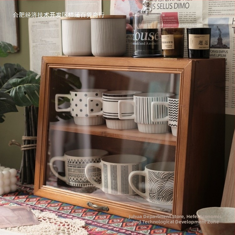 Stolový drevený regál na šálky a čajové sety, svetlý luxusný štýl, prachotesný, s poklopom, materiál: drevo, potlač loga: áno