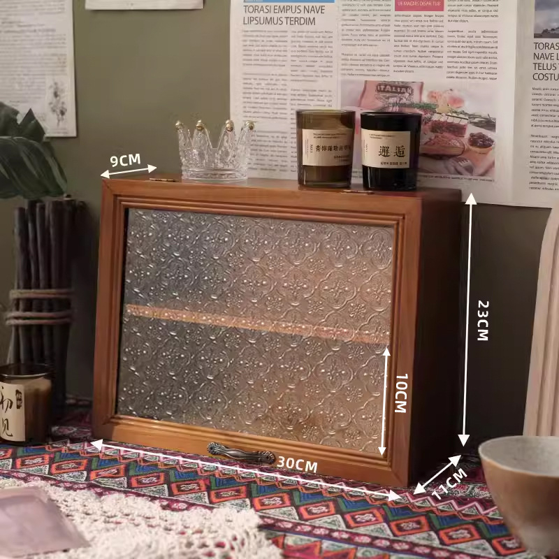 Asztali fa tároló doboz bögrékhez és teáskészletekhez, világos luxus stílus, porálló, fedéllel, anyag: fa, logó nyomtatás: igen