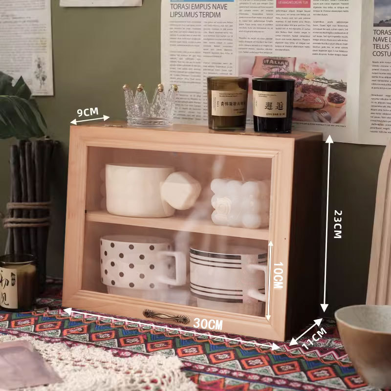 Asztali fa tároló doboz bögrékhez és teáskészletekhez, világos luxus stílus, porálló, fedéllel, anyag: fa, logó nyomtatás: igen