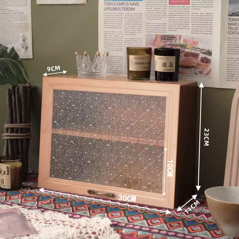 Asztali fa tároló doboz bögrékhez és teáskészletekhez, világos luxus stílus, porálló, fedéllel, anyag: fa, logó nyomtatás: igen