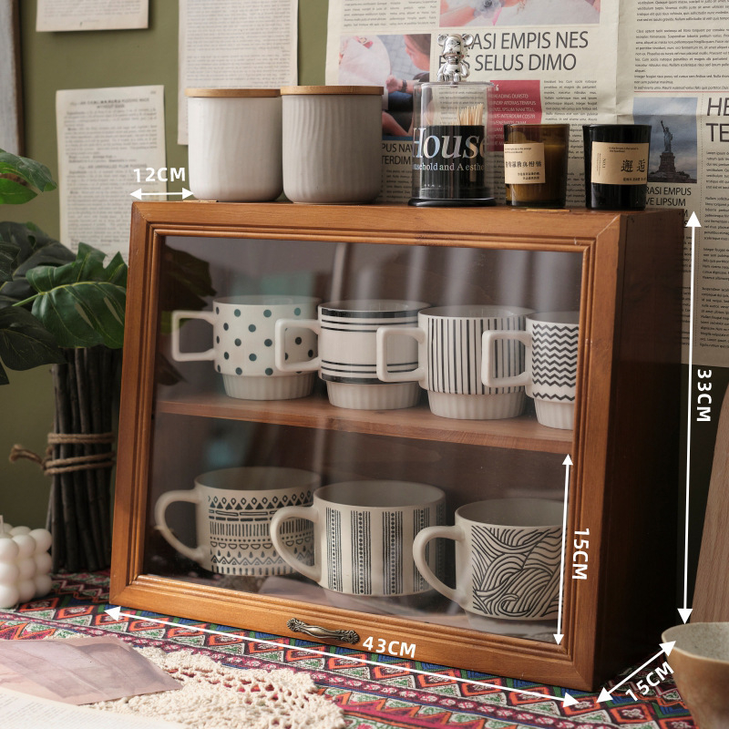 Asztali fa tároló doboz bögrékhez és teáskészletekhez, világos luxus stílus, porálló, fedéllel, anyag: fa, logó nyomtatás: igen