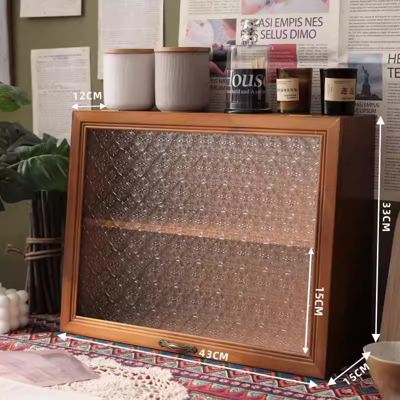 Asztali fa tároló doboz bögrékhez és teáskészletekhez, világos luxus stílus, porálló, fedéllel, anyag: fa, logó nyomtatás: igen