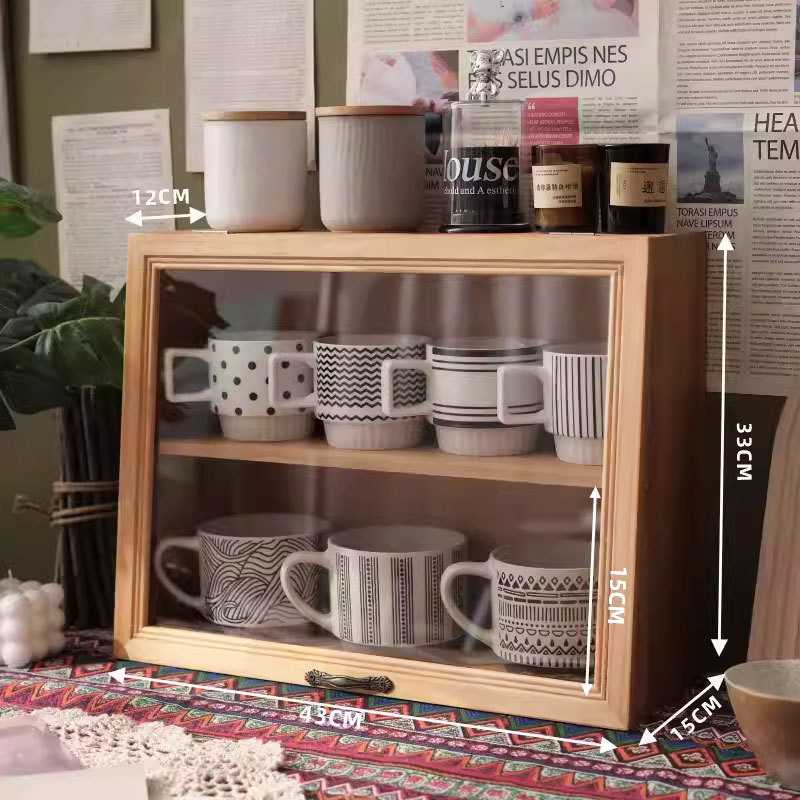 Asztali fa tároló doboz bögrékhez és teáskészletekhez, világos luxus stílus, porálló, fedéllel, anyag: fa, logó nyomtatás: igen