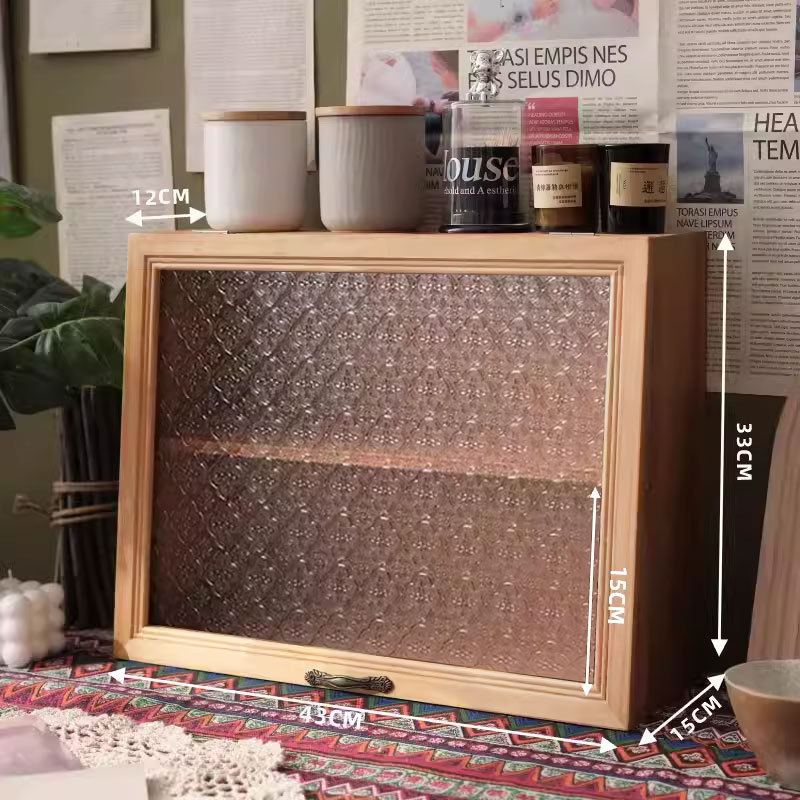 Asztali fa tároló doboz bögrékhez és teáskészletekhez, világos luxus stílus, porálló, fedéllel, anyag: fa, logó nyomtatás: igen