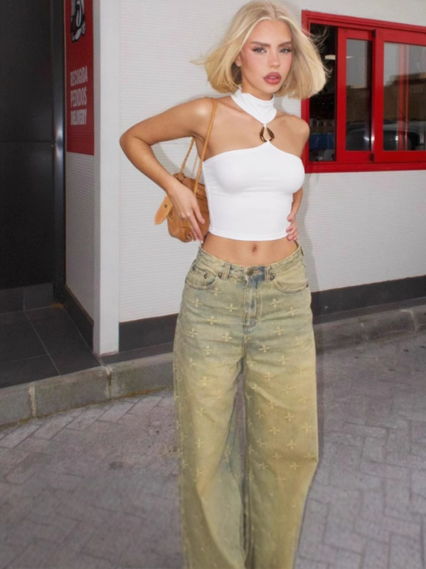 Γυναικείο κοντό T-shirt χωρίς μανίκια με halterneck, πολυεστερ-ελαστάνη ανάμειξη, καλοκαίρι 2025