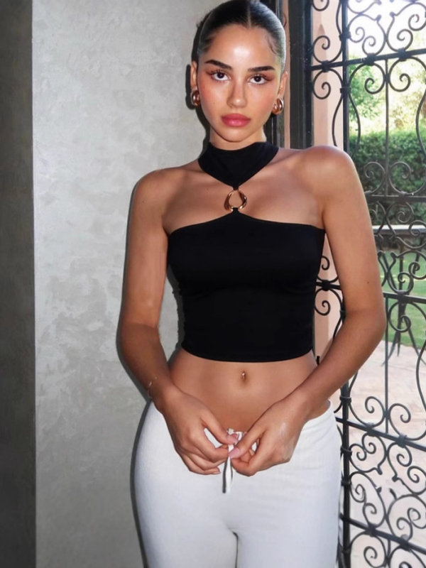 Γυναικείο κοντό T-shirt χωρίς μανίκια με halterneck, πολυεστερ-ελαστάνη ανάμειξη, καλοκαίρι 2025