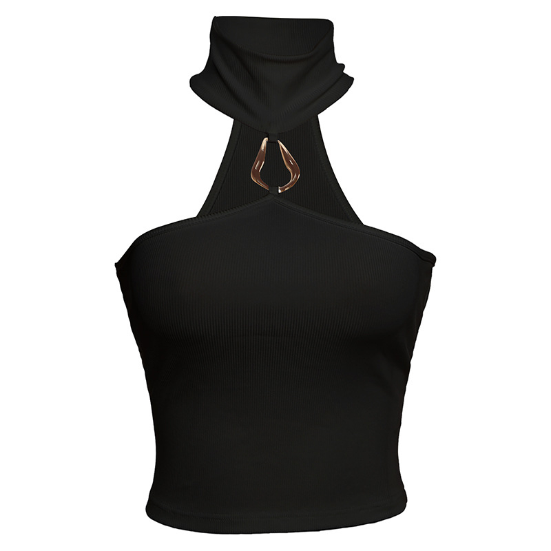 Γυναικείο κοντό T-shirt χωρίς μανίκια με halterneck, πολυεστερ-ελαστάνη ανάμειξη, καλοκαίρι 2025