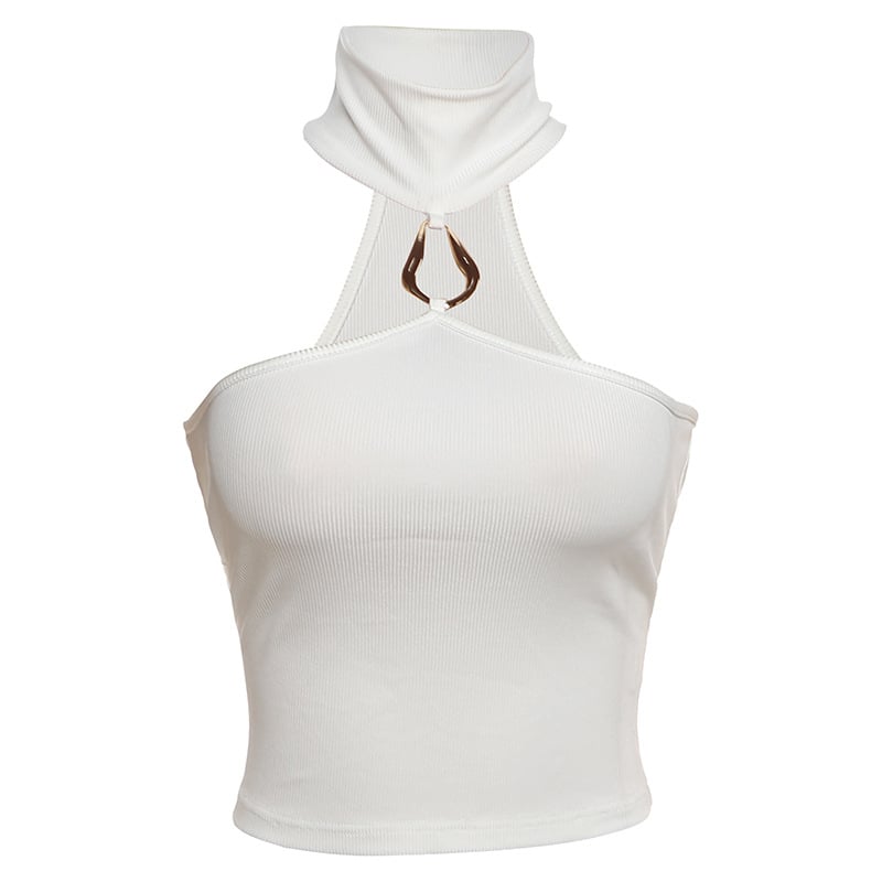 Γυναικείο κοντό T-shirt χωρίς μανίκια με halterneck, πολυεστερ-ελαστάνη ανάμειξη, καλοκαίρι 2025