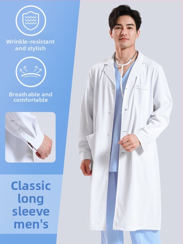 Ανδρικός ιατρικός ρόμπα, μακριά μανίκια, λειτουργία κατά των ρυτίδων, ύφασμα από βαμβακό-μίγμα, επένδυση πολυεστέρα, ιατρικά εργασιακά ρούχα