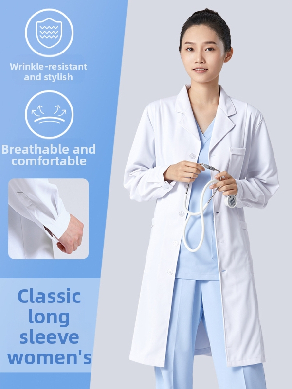 Ανδρικός ιατρικός ρόμπα, μακριά μανίκια, λειτουργία κατά των ρυτίδων, ύφασμα από βαμβακό-μίγμα, επένδυση πολυεστέρα, ιατρικά εργασιακά ρούχα