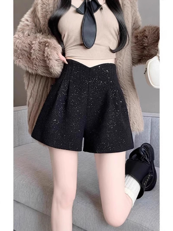 Șorturi cu talie înaltă din amestec poliester-lână, microelasticitate, grosime medie, iarna 2024