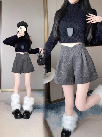 Κοντές παντελόνες με ψηλή μέση από πολυεστέρα-μαλλί, με μικροελαστικότητα, χειμωνιάτικη σειρά 2024