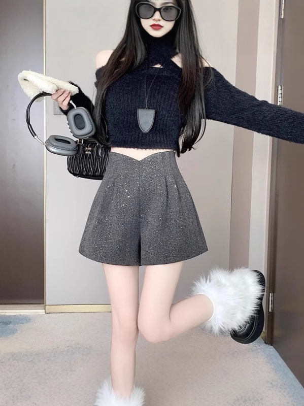 Șorturi cu talie înaltă din amestec poliester-lână, microelasticitate, grosime medie, iarna 2024