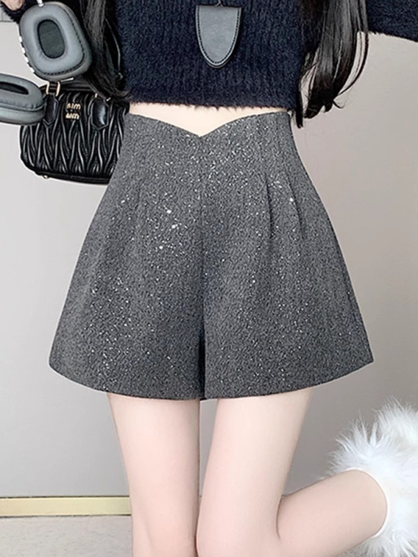 Șorturi cu talie înaltă din amestec poliester-lână, microelasticitate, grosime medie, iarna 2024
