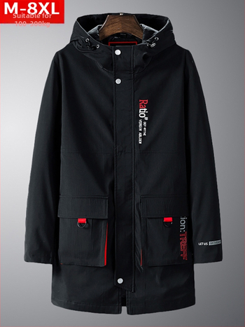 Ανδρικό παλτό με κουκούλα, φαρδιά γραμμή, Plus size, μεσαίου μήκους, κλείσιμο με φερμουάρ