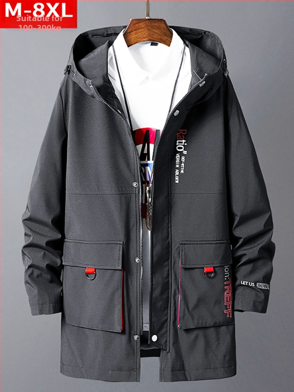 Мъжко палто с качулка, свободна кройка, с размер плюс, средна дължина, закопчаване с цип