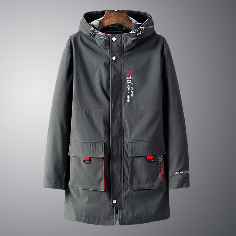 Ανδρικό παλτό με κουκούλα, φαρδιά γραμμή, Plus size, μεσαίου μήκους, κλείσιμο με φερμουάρ