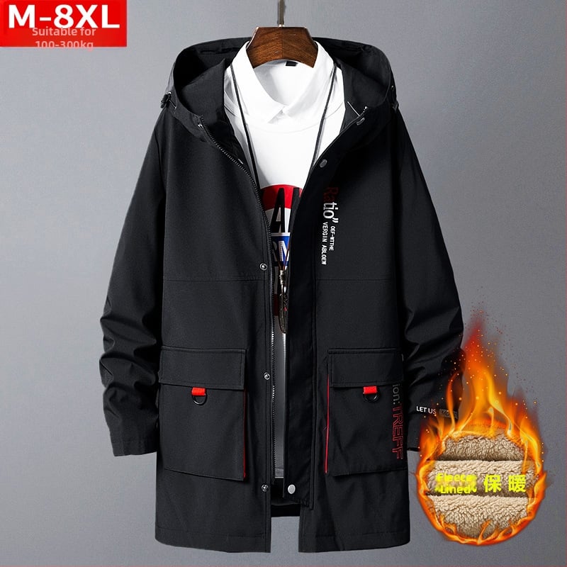 Ανδρικό παλτό με κουκούλα, φαρδιά γραμμή, Plus size, μεσαίου μήκους, κλείσιμο με φερμουάρ