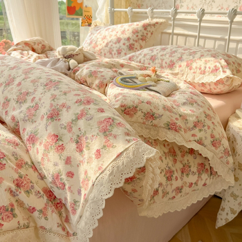 Pastorális stílusú mosott pamutból készült 4 részes ágyneműkészlet, csipke szövés, reaktív nyomtatás, súly 2000–2500 g/m²