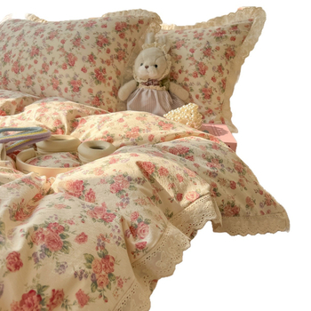 Pastorális stílusú mosott pamutból készült 4 részes ágyneműkészlet, csipke szövés, reaktív nyomtatás, súly 2000–2500 g/m²