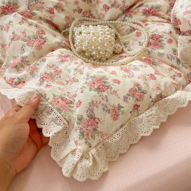 Pastorális stílusú mosott pamutból készült 4 részes ágyneműkészlet, csipke szövés, reaktív nyomtatás, súly 2000–2500 g/m²