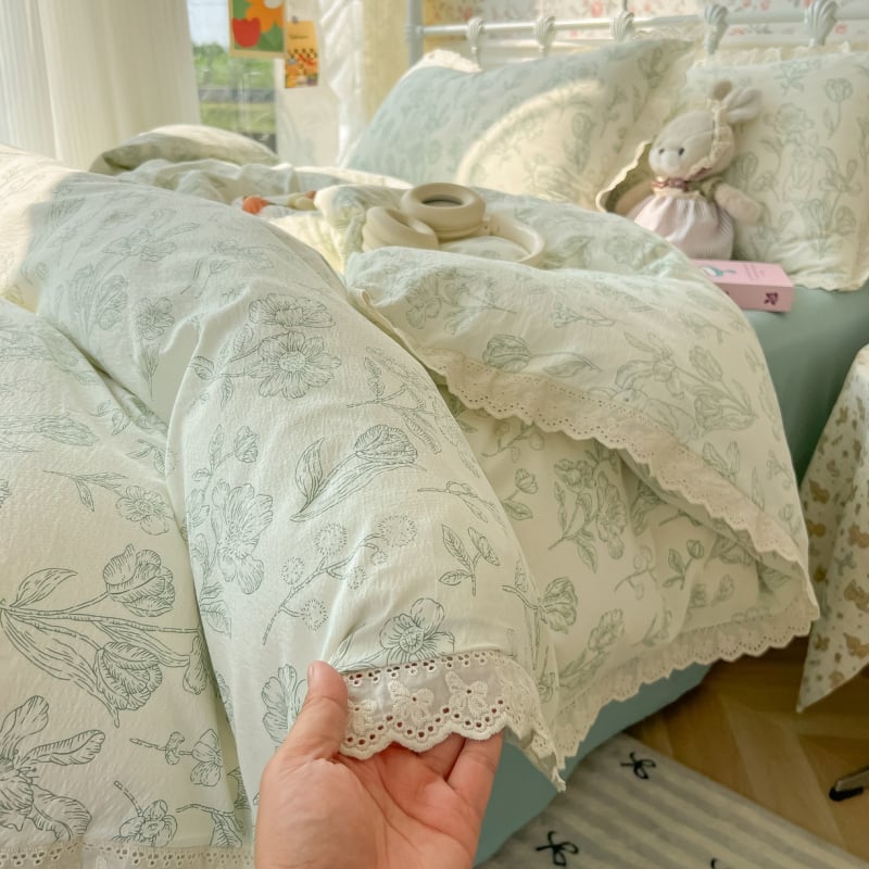 Pastorális stílusú mosott pamutból készült 4 részes ágyneműkészlet, csipke szövés, reaktív nyomtatás, súly 2000–2500 g/m²