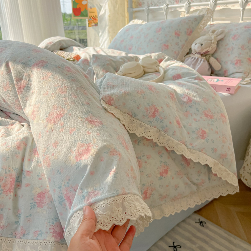 Pastorális stílusú mosott pamutból készült 4 részes ágyneműkészlet, csipke szövés, reaktív nyomtatás, súly 2000–2500 g/m²
