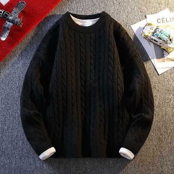 MY8001 Αντρικό πλεκτό πουλόβερ με στρογγυλή λαιμόκοψη, χαλαρή γραμμή, μακριά μανίκια, διακοσμητικό μοτίβο λουλουδιών, λεπτομέρεια στριφτό λουλούδι, ύφασμα από μίγμα συνθετικών ινών