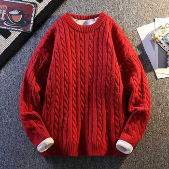 MY8001 Αντρικό πλεκτό πουλόβερ με στρογγυλή λαιμόκοψη, χαλαρή γραμμή, μακριά μανίκια, διακοσμητικό μοτίβο λουλουδιών, λεπτομέρεια στριφτό λουλούδι, ύφασμα από μίγμα συνθετικών ινών