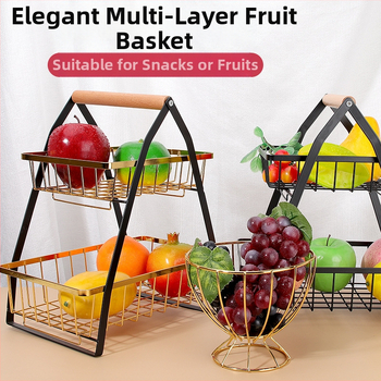 Πολυεπίπερο καλάθι φρούτων σε σχήμα V με αποσπώμενο μεταλλικό πλαίσιο και ξύλινο χερούλι — ράφι κουζίνας από χάλυβα άνθρακα