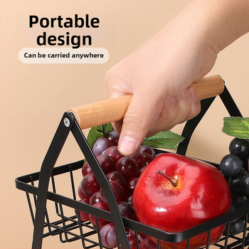 Πολυεπίπερο καλάθι φρούτων σε σχήμα V με αποσπώμενο μεταλλικό πλαίσιο και ξύλινο χερούλι — ράφι κουζίνας από χάλυβα άνθρακα