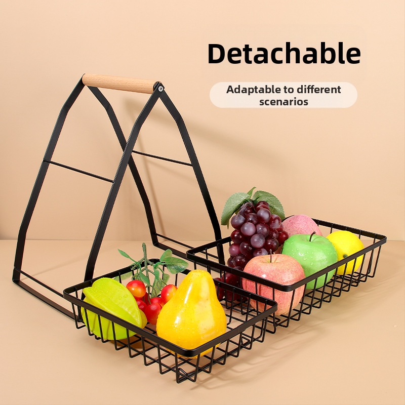 Многослойна кошница за плодове във форма на V с разглобяема метална рамка и дървена дръжка – кухненски настолен стелаж от въглеродна стомана