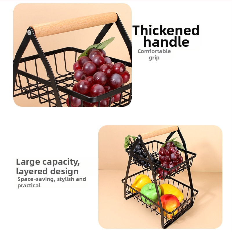 Многослойна кошница за плодове във форма на V с разглобяема метална рамка и дървена дръжка – кухненски настолен стелаж от въглеродна стомана