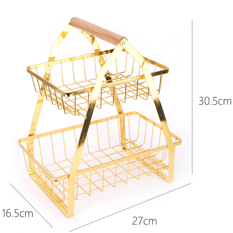 Πολυεπίπερο καλάθι φρούτων σε σχήμα V με αποσπώμενο μεταλλικό πλαίσιο και ξύλινο χερούλι — ράφι κουζίνας από χάλυβα άνθρακα