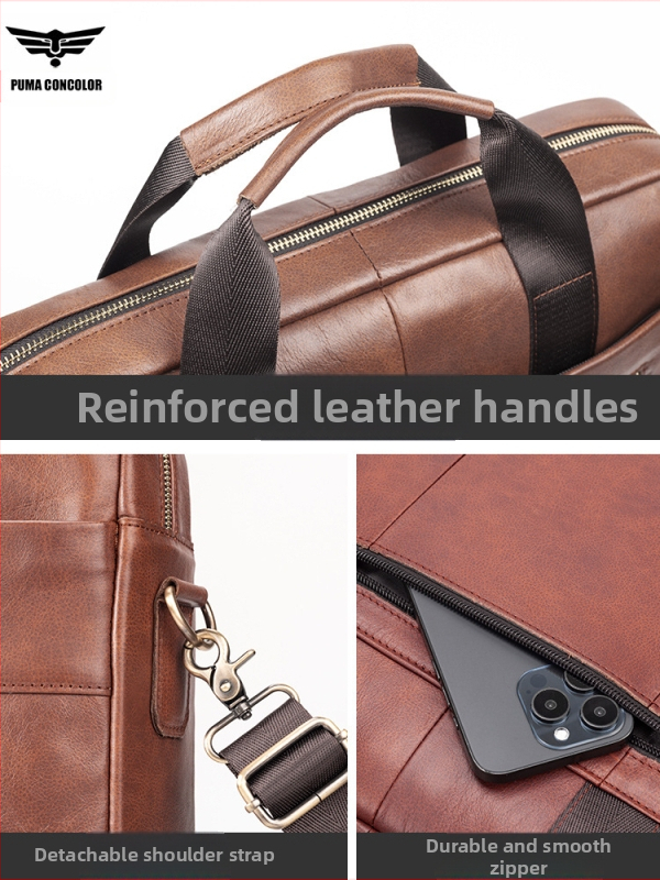 Делов портфейл за лаптоп от естествена кожа — горен слой телешка кожа, дишаща, водоустойчива, износоустойчива, голям капацитет