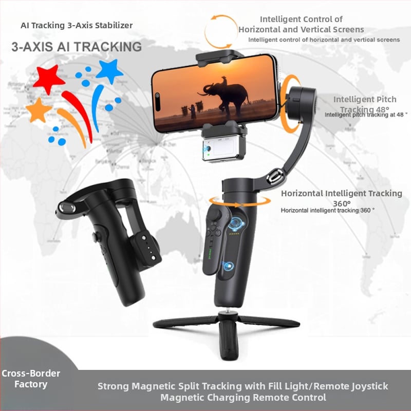 Gimbal inteligent pentru smartphone cu urmărire pe două axe, stabilizator cu trei axe și lumină magnetică portabilă pentru streaming live, rotire orizontală de 360° și înclinare verticală de 48°